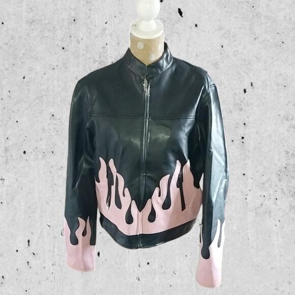 Diamond Plate Womens Leather Style Jacket. Black With Pink Flames. Size 2X - Picture 1 of 5
